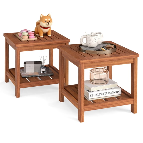 Gymax 2PCS 2-Tier Adirondack Side Table w/ Slatted Tabletop Storage Shelf for Garden