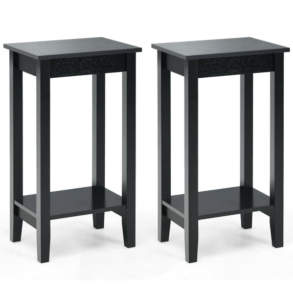 Gymax 2PCS 2-Tier Nightstand End Side Table Coffee Table Wooden Legs Bedroom Black