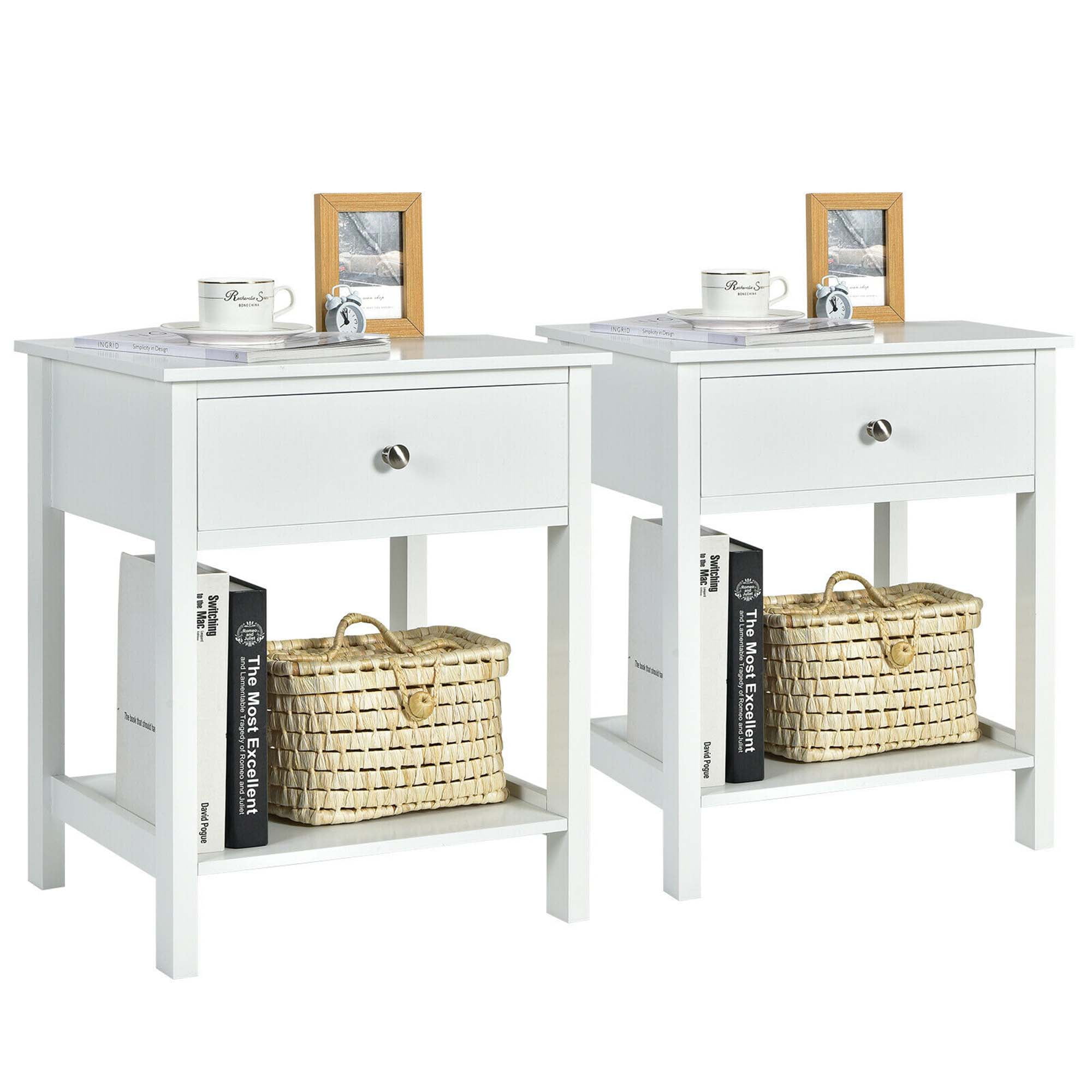 Gymax 2PCS 2-Tier Nightstand Modern Side End Table w/ Drawer & Open Shelf White