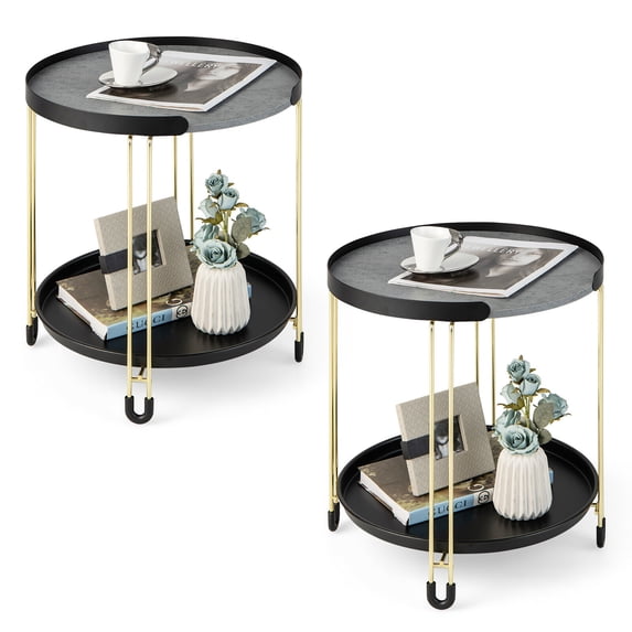 Gymax 2PCS 2-Tier Side End Table Round Nightstand Gold Frame for Living Room Bedroom