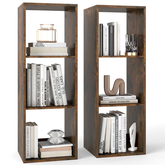 Gymax 2PCS 3-Cube Bookshelf Modern Vertical Bookcase w/ Anti-tipping Kits Coffee