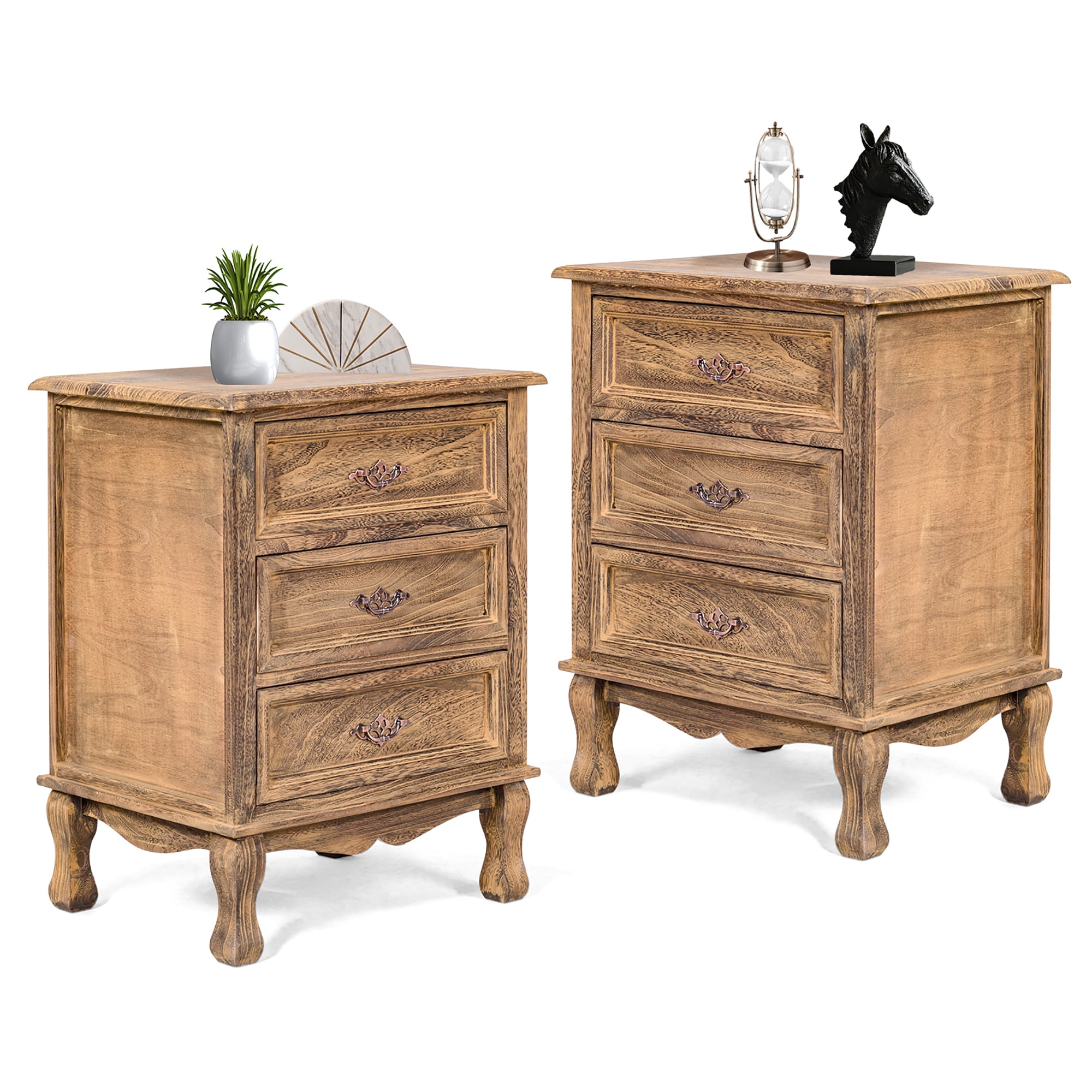 Gymax 2pcs 3 Drawers Nightstand Storage Wood End Table Side Bedside