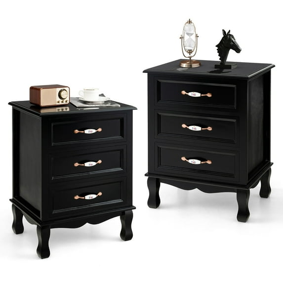 Gymax 2PCS 3 Drawers Nightstand Wood Sofa End Side Accent Furniture Table Black