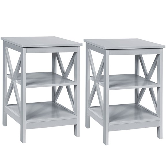 Gymax 2PCS 3-Tier Nightstand End Table X Design Storage Display Shelf Living Room Grey