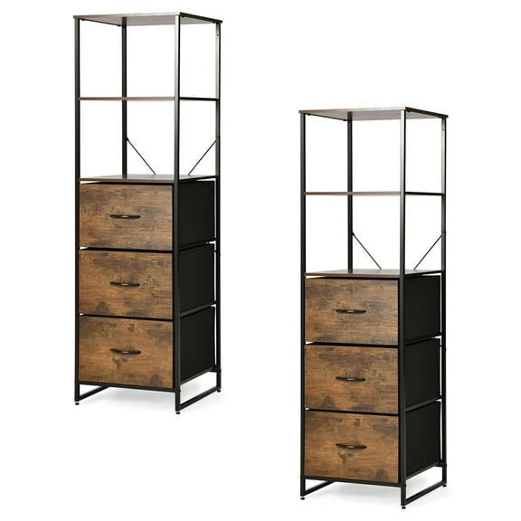 Gymax 2PCS Industrial 3-tier Bookshelf 3 Drawers Dresser for Study Bedroom Living Room