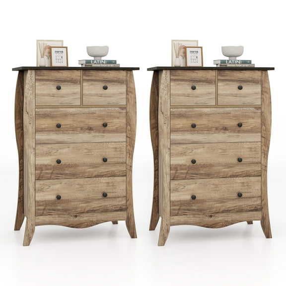 Gymax 2PCS 38'' Farmhouse Chest of Drawers w/ 5 Folding Fabric Drawers & Anti-tipping Kit Brown