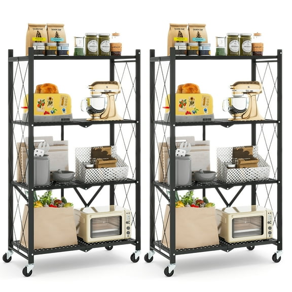 Gymax 2PCS 4-tier Foldable Storage Shelving Unit w/4 Universal Wheels for Kitchen