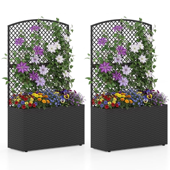 Gymax 2PCS 49'' Raised Garden Bed w/ Trellis Wicker Planter Box w/ Privacy Screen Black