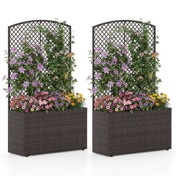 Gymax 2PCS 49'' Raised Garden Bed w/ Trellis Wicker Planter Box w/ Privacy Screen Brown