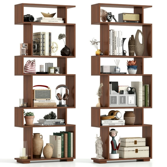 Gymax 2PCS 6-Tier Bookshelf Geometric Bookcase w/ 2 Anti-Tipping Kits Wooden Display Shelf