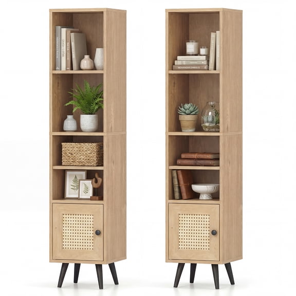 Gymax 2PCS 6-Tier Tall Narrow Bookcase w/Adjustable Shelf & Boho Style Rattan Door