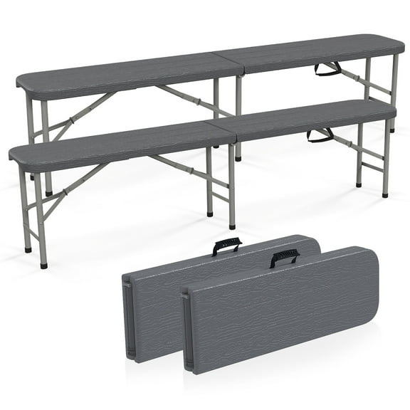 Gymax 2PCS 6 ft Plastic Folding Bench Portable Fold-in-Half Seat w/ 1320 LBS Capacity Gray
