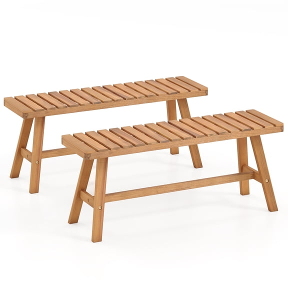 Gymax 2PCS Acacia Wood Outdoor Garden Bench w/Slatted Seat 800 lbs Capacity for Front
