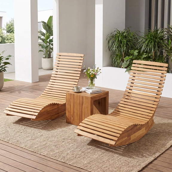 Gymax 2PCS Acacia Wood Rocking Patio Lounge Chair Wooden Rocking Recliner for Garden Lawn Deck & Poolside