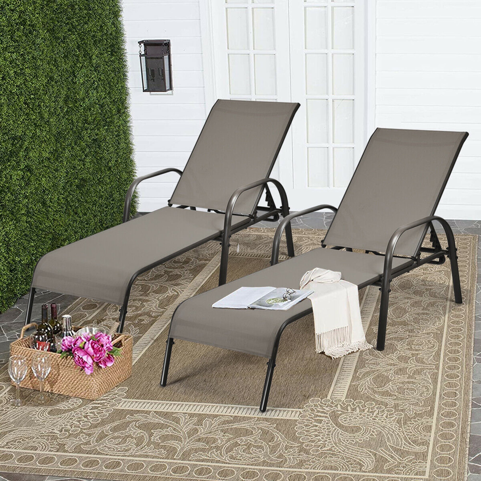 Gymax 2PCS Adjustable Chaise Lounge Chair Recliner for Patio, Deck, Backyard, Outdoor w/ Armrest, Metal Frame, Brown