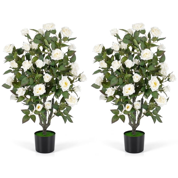Gymax 2PCS Artificial Rose Tree Faux Rose Flower Tree w/Blooming Flowers Green Leaves