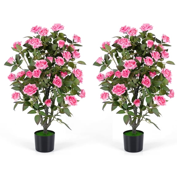 Gymax 2PCS Artificial Rose Tree w/Blooming Flowers & Green Leaves Free Maintenance