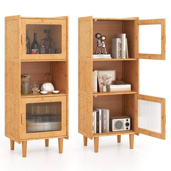 Gymax 2PCS Bamboo Cabinet Narrow Kitchen Storage Cabinet w/ Open Compartment & Storage