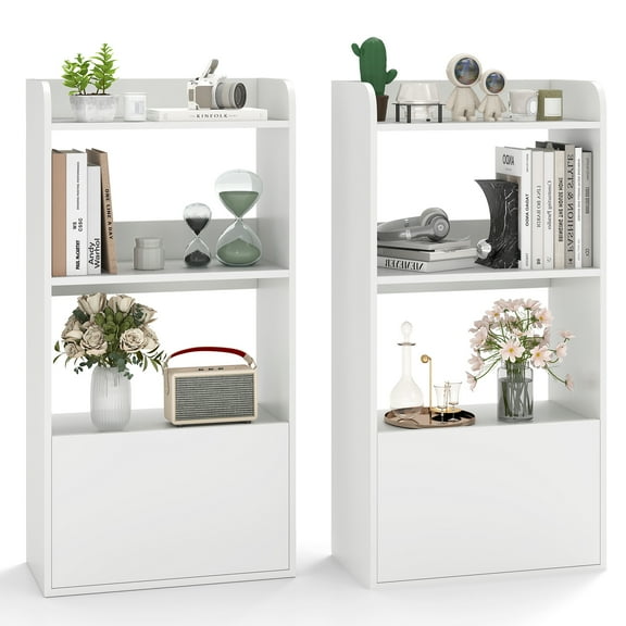 Gymax 2PCS Bookcase w/ Drawer 3-Tier Open Shelf Anti-Toppling Kits for Living Room White