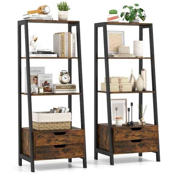 Gymax 2PCS Bookshelf w/ 2 Storage Drawers Sturdy Metal Frame Anti-toppling Devices Brown