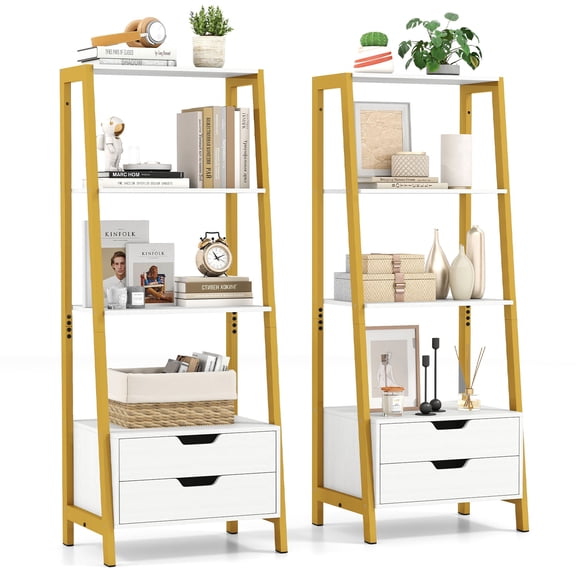 Gymax 2PCS Bookshelf w/ 2 Storage Drawers Sturdy Metal Frame Anti-toppling Devices White