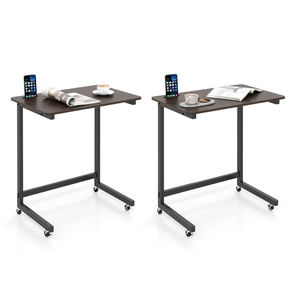 Gymax 2PCS C-shaped End Table w/Wheels Built-in Phone Slot for Living Room Bedroom