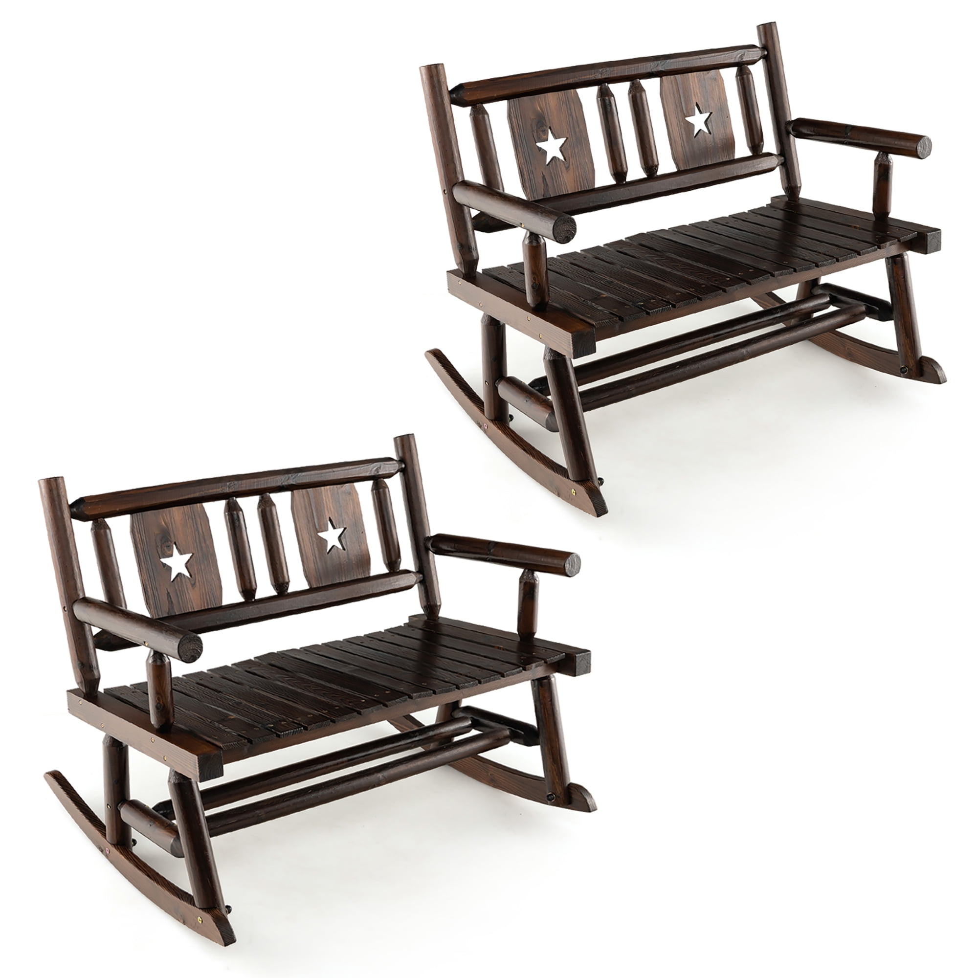 2 Stage Rocking Chair Gymax 2PCS Carbonized Wood Rocking Bench Double Rocking Chair for 2 ...