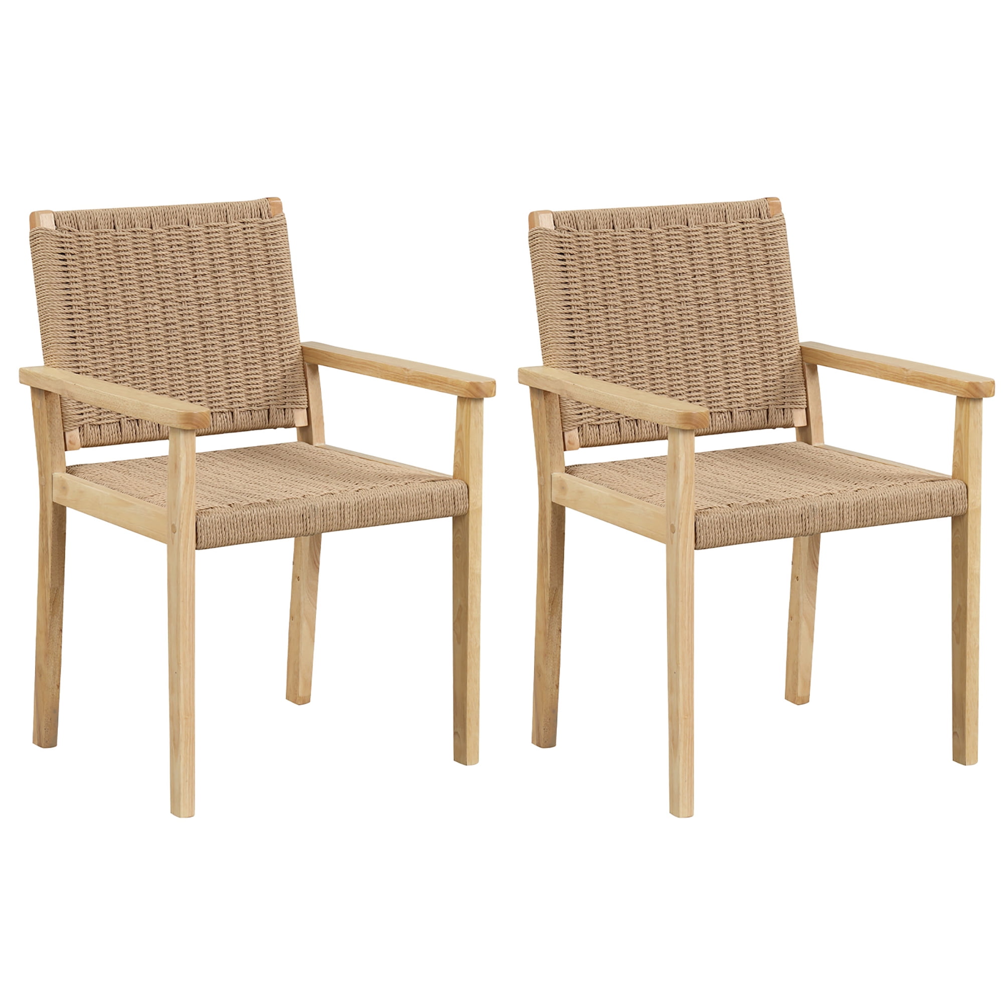 Natural Rubber Wood Dining Armchairs with Paper Rope Woven Seat, Set of 2