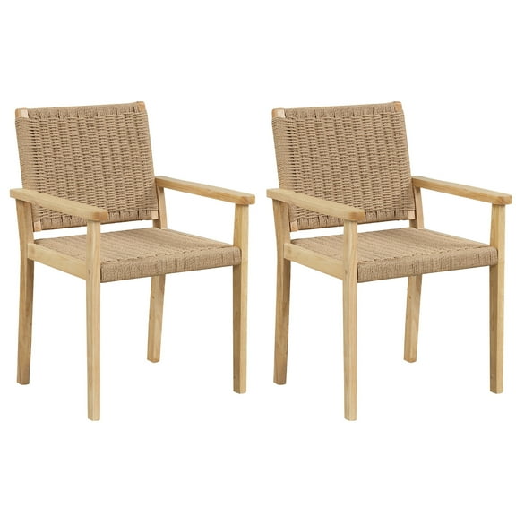 Gymax 2PCS Chair Rubber Wood Dining Armchairs Paper Rope Woven Seat Balcony Patio