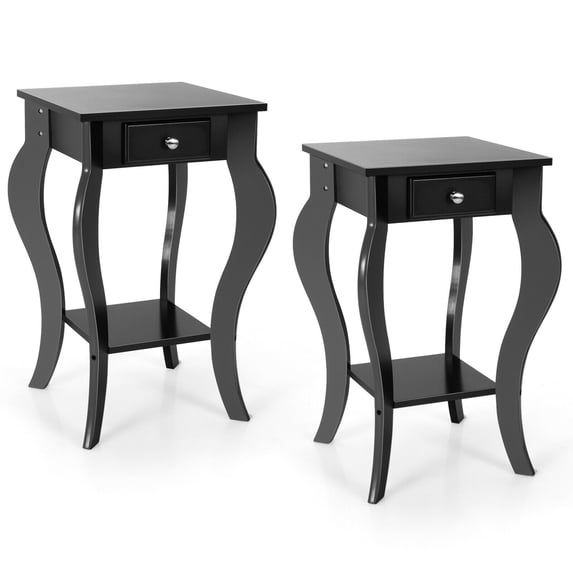Gymax 2PCS End Table Accent Side Table Nightstand w/ Drawer & Bottom Shelf Black