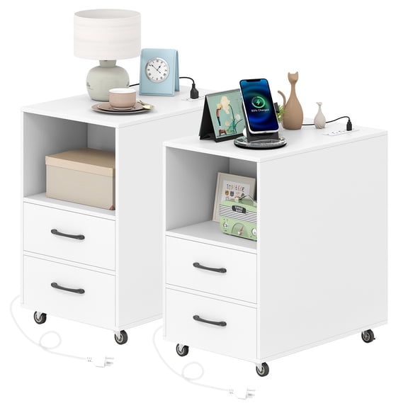 Gymax 2PCS End Table w/Built-in Charging Station USB Ports Outlets 2 Drawers 3 Shelves White