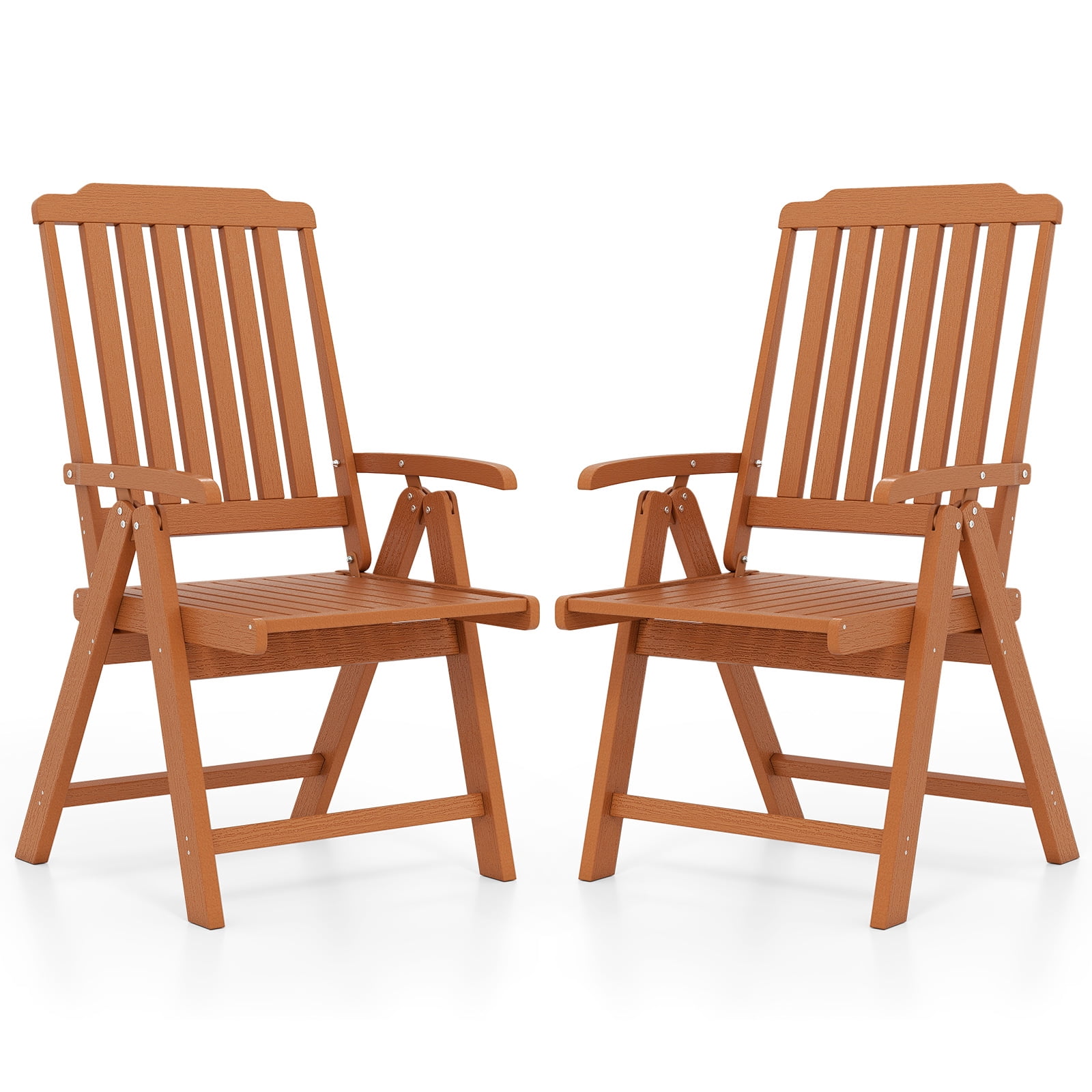 Gymax 2PCS Foldable Patio Chair w/Armrest Curved Back Slatted Seat for Backyard Deck Brown