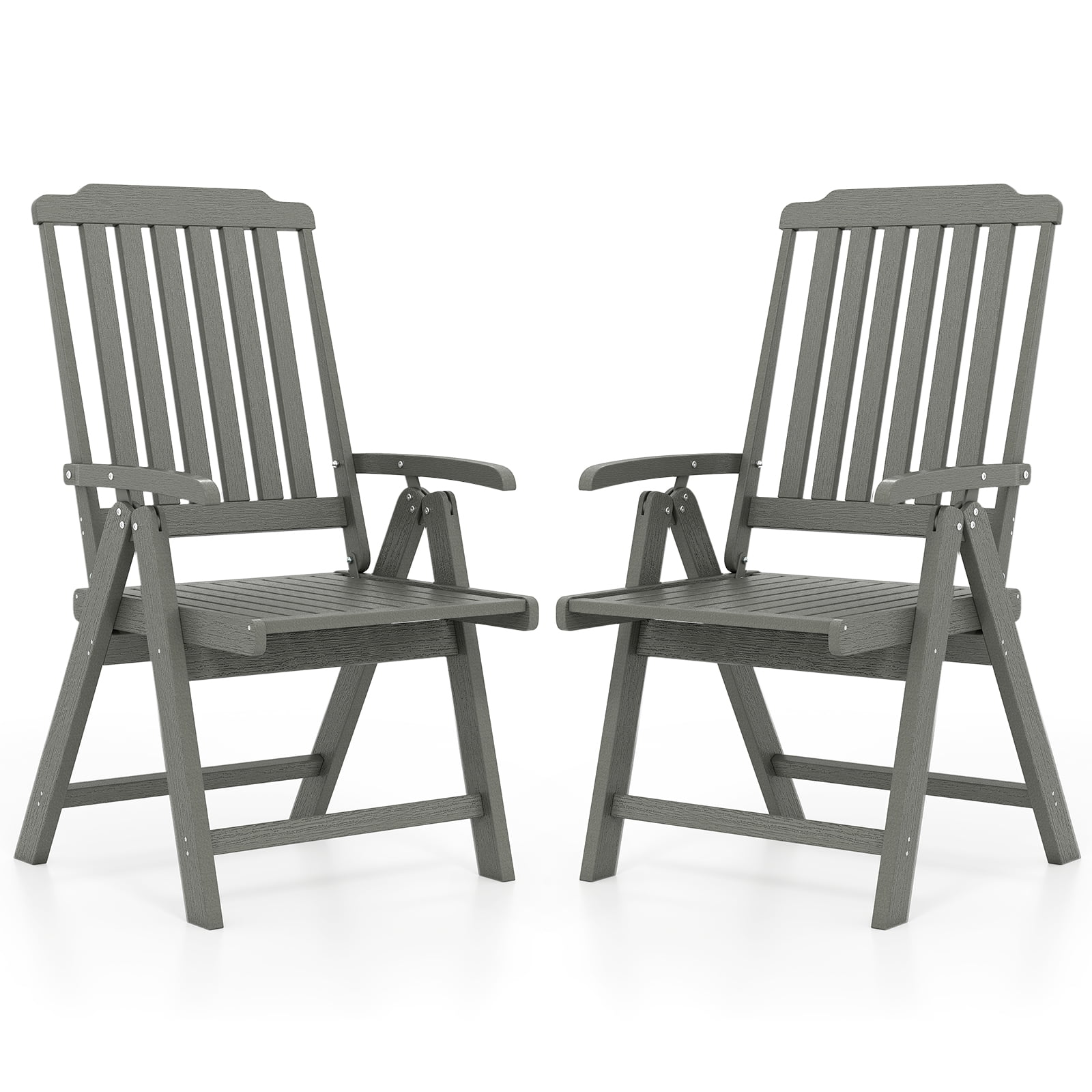 Gymax 2PCS Foldable Patio Chair w/Armrest Curved Back Slatted Seat for Backyard Deck Gray