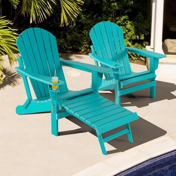 Gymax 2PCS Folding Adirondack Chair HDPE Patio Lounge Chair w/ Retractable Ottoman Turquoise