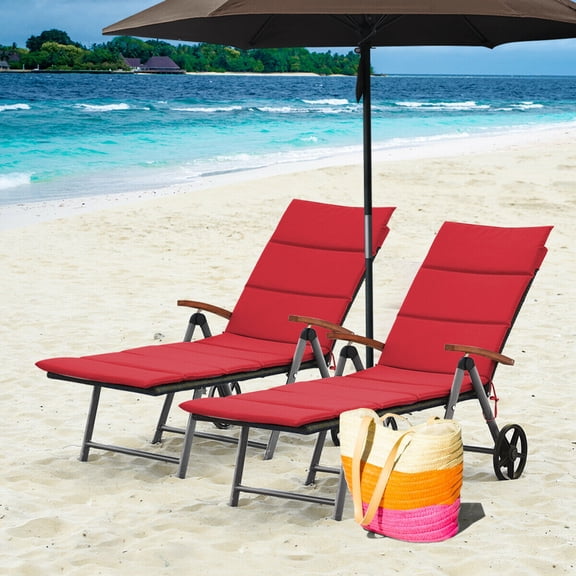 Gymax 2PCS Folding Patio Rattan Lounge Chair Cushioned Aluminum Adjust Wheel Red