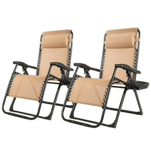 Gymax 2PCS Folding Zero Gravity Lounge Chair Recliner w/ Cup Holder Pillow Beige