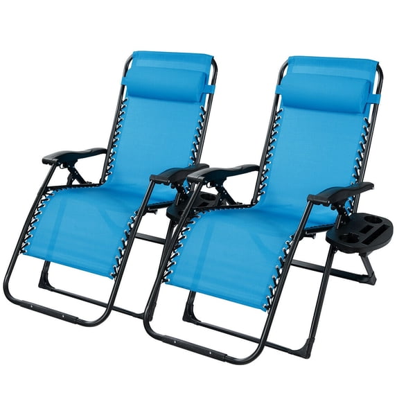 Gymax 2PCS Folding Zero Gravity Lounge Chair Recliner w/ Cup Holder Pillow Blue