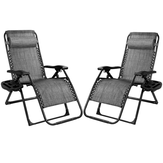 Gymax 2PCS Folding Zero Gravity Lounge Chair Recliner w/ Cup Holder Pillow Gray