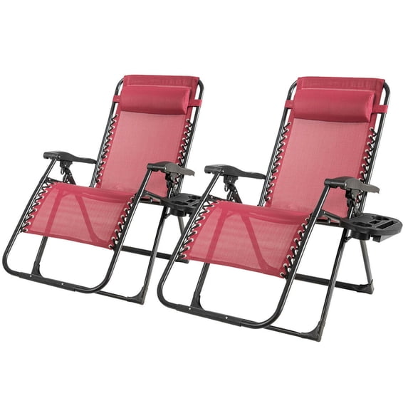 Gymax 2PCS Folding Zero Gravity Lounge Chair Recliner w/ Cup Holder Pillow Red