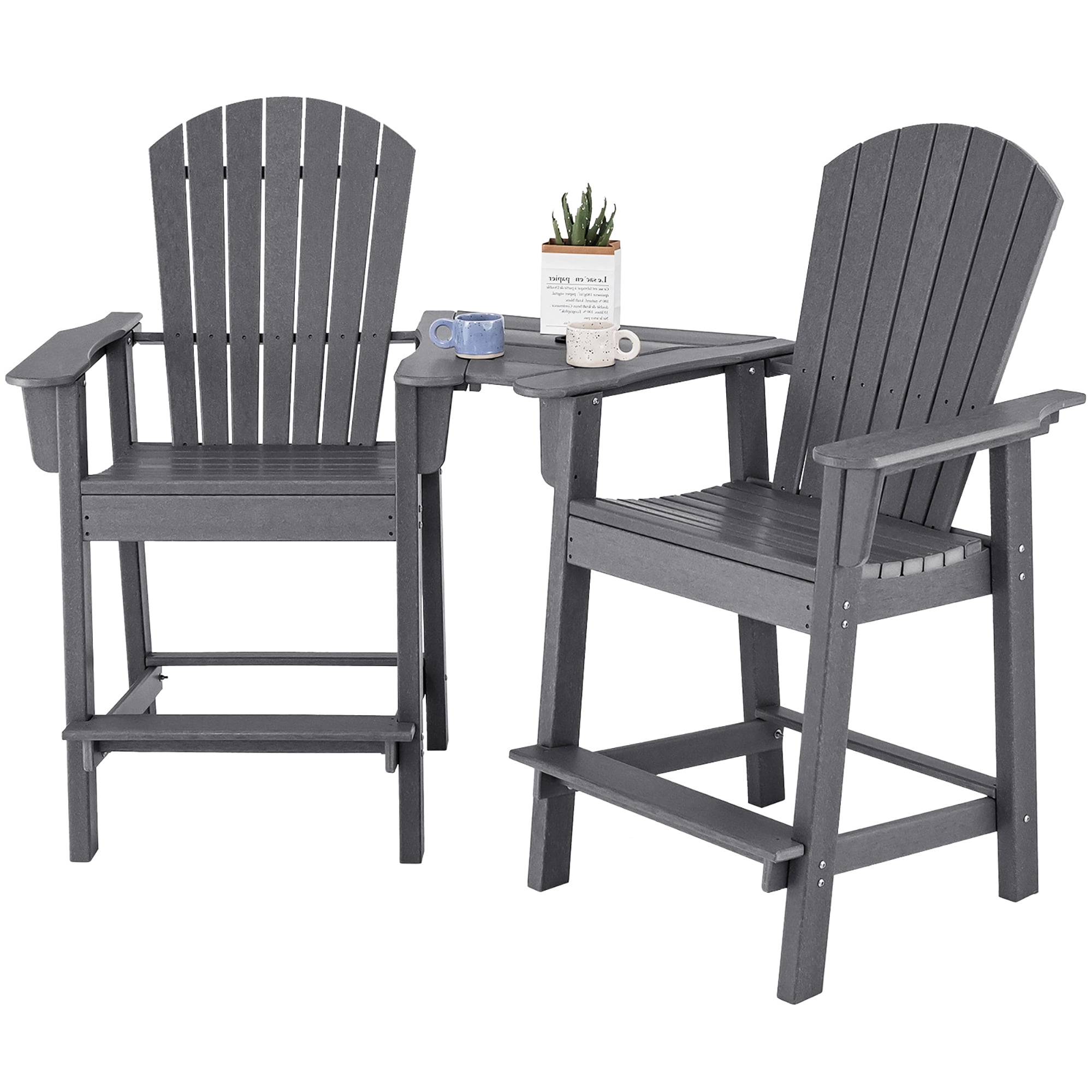 Gray HDPE Tall Adirondack Barstools with Connecting Tray and Footrest