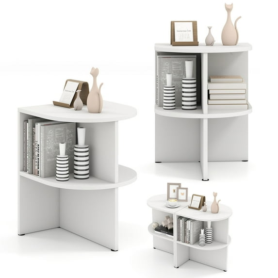 Gymax 2PCS Half Round Side Table 2-tier Wooden Nightstand w/Open Storage Shelves