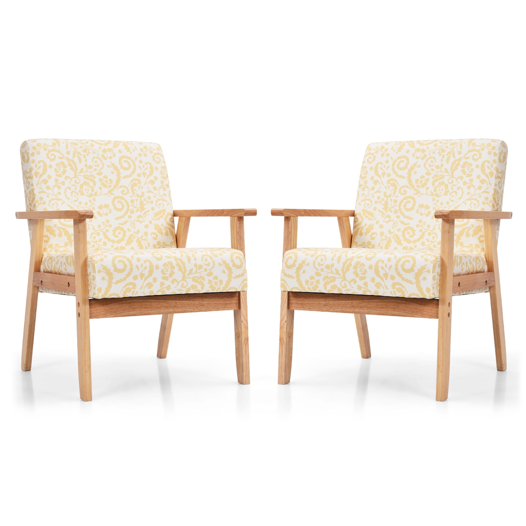 Gymax 2PCS Home Office Accent Armchair Upholstered Chair w/ Wooden Frame Yellow