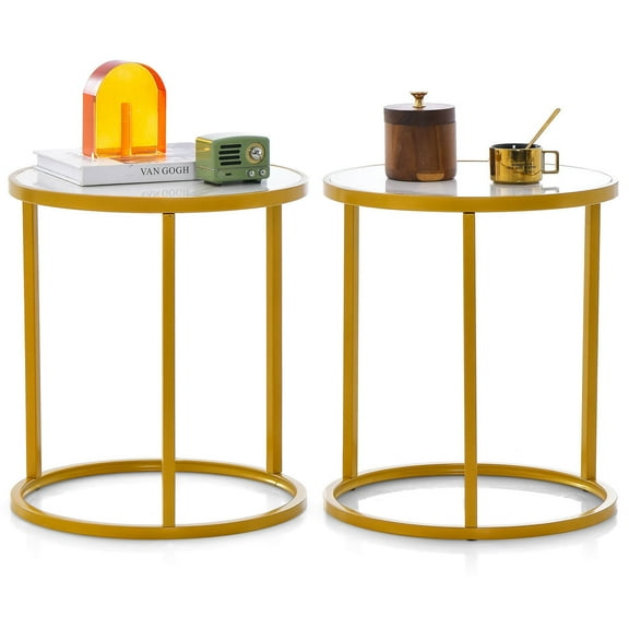 Gymax 2PCS Marble Top Round Side Table 19.5''x19.5'' End Table w/Golden Metal Frame Gold