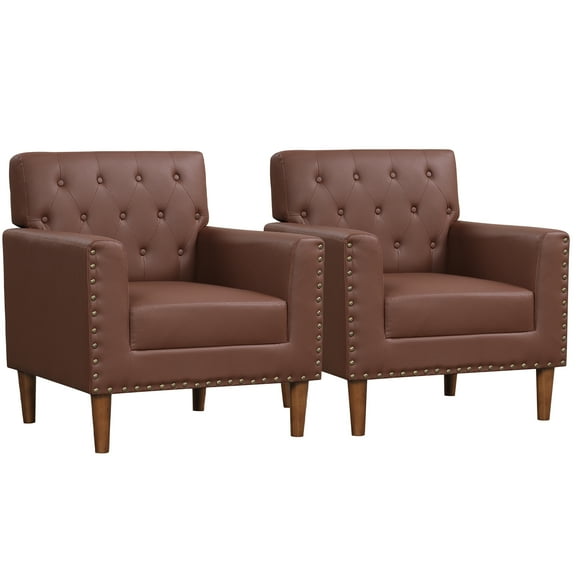 Gymax 2PCS Mid Century Modern Accent Chair w/Button Tufted Decoration Rivets Home Brown