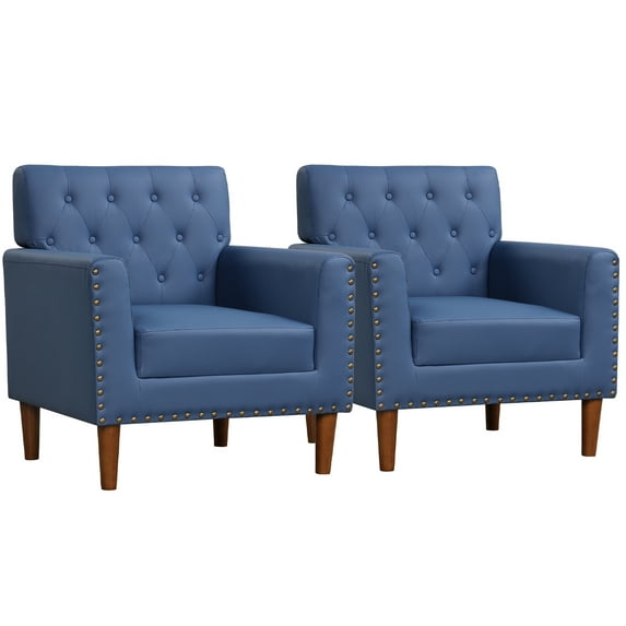 Gymax 2PCS Mid Century Modern Accent Chair w/Button Tufted Decoration Rivets Home Navy