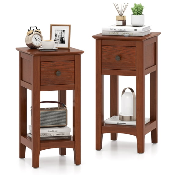 Gymax 2PCS Nightstand 3-Tier Bedside Table w/ Open Storage Shelf & Narrow Side Table Brown