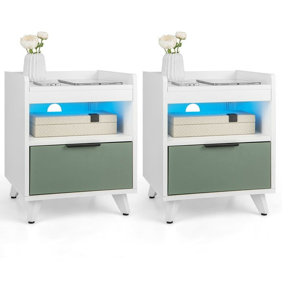 Gymax 2PCS Nightstand Modern Beside End Table w/ LED Lights Open Compartment & Drawer
