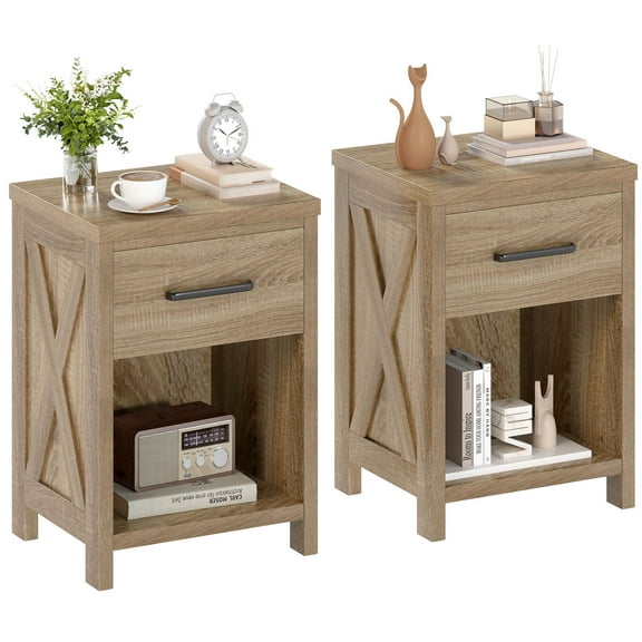 Gymax 2PCS Nightstand Sofa Side Table Rustic End Table w/Drawer Shelf for Living Room