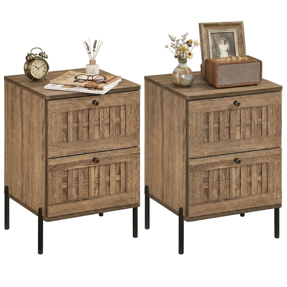 Gymax 2PCS-Nightstand w/2 Woven Storage DrawersMetal Support LegsBedroomRustic Oak