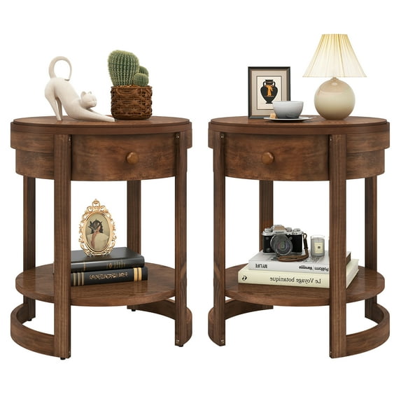 Gymax 2PCS Nightstand w/ Shelf & Wood Grains Drawer Round End Table for Living Room